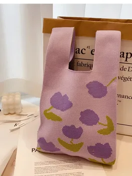 Нова чанта за жилетка за цветя плетена чанта с голям капацитет чанта цветна единична чанта за рамо вълнена чанта