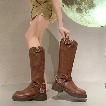Дамски обувки 2023 Зимна мода цип коляното високо дамски ботуши квадратни петата платформа дамски ботуши колан ключалката модерни обувки женски
