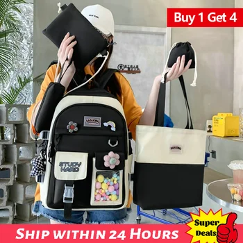 5pcs Комплекти Детска ученическа раница Kawaii Дамска чанта за лаптоп за тийнейджъри момичета Mochilas 2023 Студентска пазарска чанта