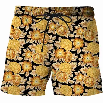 Летни мъже 3d шорти Palace стил плажни шорти 3D златни цветя ежедневни шорти жени / мъже хип-хоп streetwear съвет шорти
