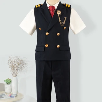 Момчета костюм къс ръкав флот капитан униформа пръстен носител модел модния подиум плат пиано изпълнение костюм