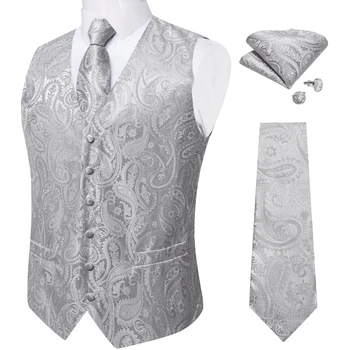 Мода сив мъжки жилетка за сватба луксозен коприна вратовръзка джоб квадратни копчета за ръкавели комплект Sliver Gilet Homme жилетка рокля бизнес