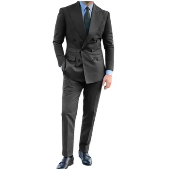Тъмно сиви мъжки костюми 2 броя Официални шафери Сватбени смокинги за мъже Костюм Homme Peaked Business Prom Blazer (яке + панталони)