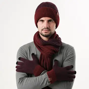 Зимна шапка шал ръкавица комплект плета уютен зимен комплект мека руно облицована плетена шапка дълъг шал за топлина