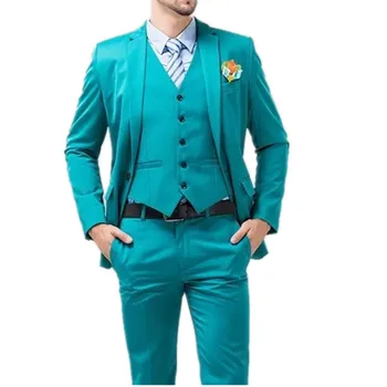 Най-новите тюркоазени мъжки костюми Notch ревера тънък годни мъжки костюм един бутон най-добър мъж сватба вечеря младоженец смокинги (яке + панталони + жилетка)