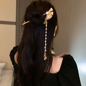 Метален фен ресни коса стик елегантен китайски стил фиба ханфу коса стик коса пръчици перла пискюл коса вилица момиче