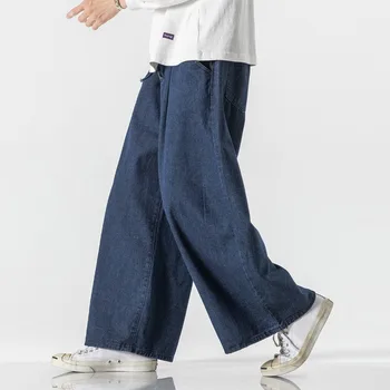2023 Нови корейски мъжки торбести дънки основни всички мач плътен цвят широк крак дънкови панталони мода случайни торбести панталони синьо черно