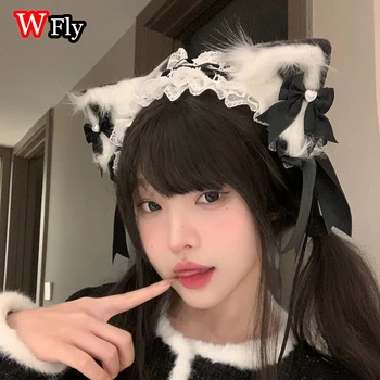 Дамски Harajuku Steampunk Y2K Лента за глава Cosplay Cat Ears Bow Hairpin Hair Ornament Lolita Spicy Girls Gothic HairBands