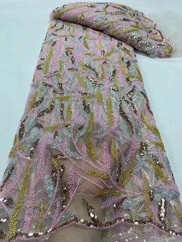 Най-новата кралска африканска дантела 2023 Луксозни френски пайети Mesh дантела плат висок клас ръчно изработени мъниста за сватбена рокля