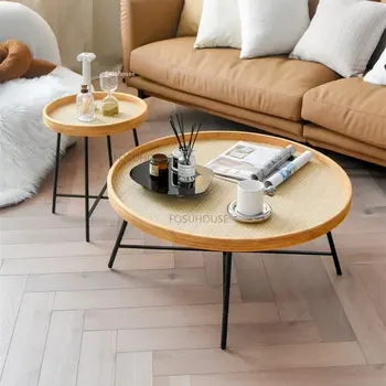 японски стил ковано желязо масичка за кафе за хол мебели странична маса ратан тъкане творчески домакинство кръгла диван маса