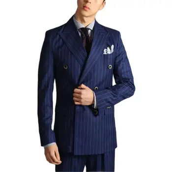 Blue Stripe Double Breatesd Wedding Men Suit Sets 2Pieces(Jacket+Pant+Tie)Groom Prom Masculino Trajes De Hombre Blazer Trousers