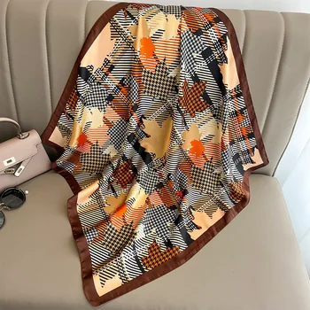  70 * 70 см луксозен копринен кльощав кариран квадратен шал 2023 мода чанта дръжка панделка дами печат лента за глава мюсюлмански шал