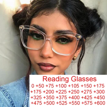 Прозрачни очила за четене на котешко око Жени Луксозна марка Голяма рамка Мода Дамски очила Анти синя светлина Пресбиопия очила