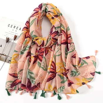 Отпечатани мек вискоза памучен шал Дамски луксозен премиум Foulard Femme дълъг свеж цветен пискюл шалове ретро шалове Echarpe