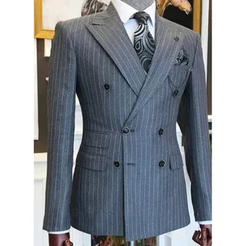 Grey Stripe Мъжки костюми Бизнес Официален За младоженеца Tuxedos Peak Lapel Slim Fit Blazer 1 брой яке Двуредни копчета