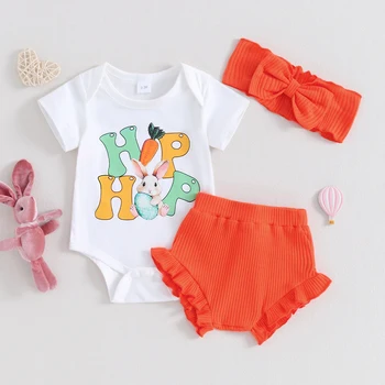 Бебе бебе момичета Великденски екипировки Летни къси панталони с къс ръкав Лента за глава 3Pcs комплект новородени дрехи