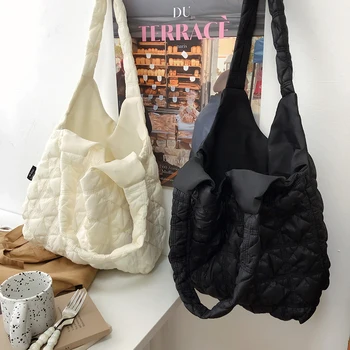 Дамски чанта памук подплатени рамо чанта буфер мъкна луксозна дизайнер подмишница прошиващи чанти нагънат Hobo момиче чанта пазаруване чанта
