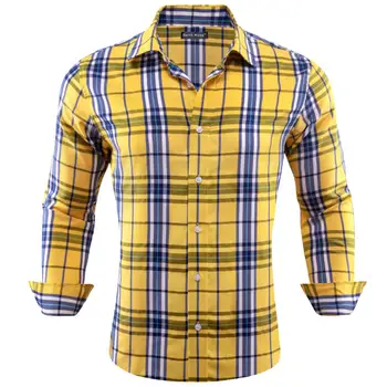 Луксозни копринени ризи за мъже Жълти сини карирани ивици дълъг ръкав тънък годни мъжка блуза случайни официални върхове Бари Уанг