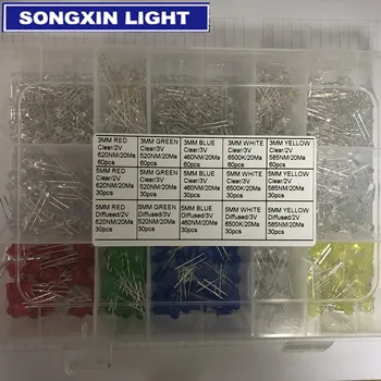 3mm и 5mm дифузен и ясен асорти LED комплект 5 цвята за Arduino (опаковка от 600) червено зелено синьо бяло жълто прозрачни