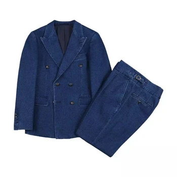 Casual Blue Denim Oxford Men Suits Costume Homme Groom Tuxedos Wedding Terno Masculino Slim Fit Blazer 2 броя (яке + панталони)