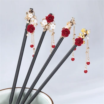 1бр червена роза фиба дървени пискюл коса стик Hanfu шапка чай рокля Cheongsam аксесоари булчински древен стил декор подарък