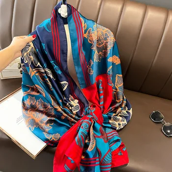 2023 Луксозен печат за жени копринен шал Bufanda Foulard Carriage Chain Шалове Wraps Soft Satin Hijab ленти за глава 180 * 90 Ново