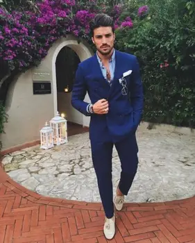 Royal Bule Double Breasted Suits Cool Handsome Formal Fashion Terno Masculino Slim Fit Blazer Tuxedos(Jacket+Pant+Носни кърпички)
