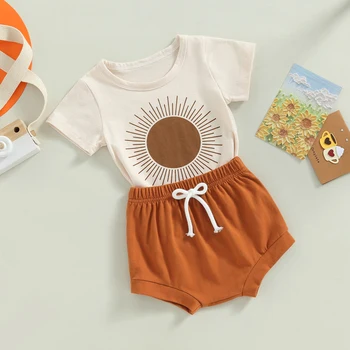 Infant Baby Boys Summer Outfit Cute Short Set Short Sleeve Sun Print T-shirt + Elastic Waist Shorts Kids Two Piece Clothing Suit