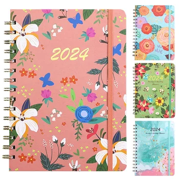 Floral A5 2024 English Planner Binder Notebook 365 дни Седмичен целеви навик Дневен план Дневник Графици Организатор Бележници
