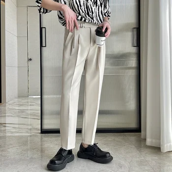 Корейски колан костюм панталони мъжки мода плътен цвят ежедневни рокля панталони мъже хлабав прав панталон широк крак прав крак панталони мъже B10