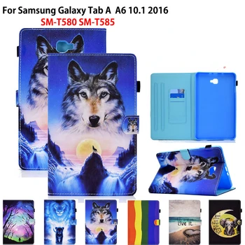Карикатура лъв вълк боядисани капак случай за Samsung Galaxy Tab A A6 10.1 2016 SM-T580 SM-T585 PU кожена стойка Funda TPU обратно черупка