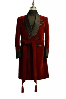 Червен дълъг кадифе мъжки костюми яке двуреден вечеря абитуриентски бал сватбен костюм Homme Tuxedos Groomsman палто блейзър само 1 брой