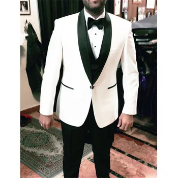 2020 Mew White с черен ревера Мъжки костюми Tuxedos Masculino 3pieces Работа ежедневно износване по поръчка сватбен блейзър за мъж