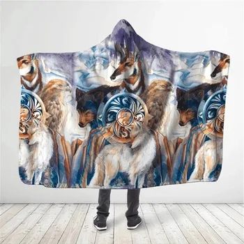 Native Wolf 3D навсякъде отпечатани качулка одеяло възрастен дете шерпа руно носене одеяло микрофибър легла 03