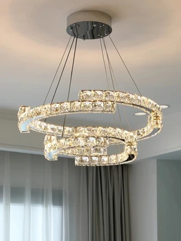 Модерен творчески пръстен кристален полилей от неръждаема стомана злато сребро висяща лампа хол спалня ресторант декорация лампи