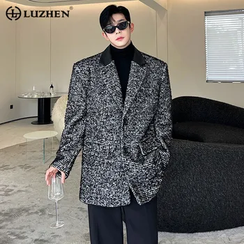 LUZHEN корейски стилен сгъстен руно блейзъри мъжки кадифе пачуърк кожа модерен елегантен костюм яке високо качество 2023 5f32d6
