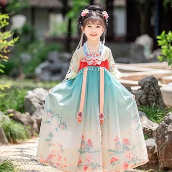 момичета Зелени хвърчила бродерия костюм традиционен китайски стил принцеса фея пола летни деца ханфу рокля
