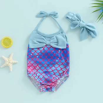 Baby Girl бански костюми лято риба мащаб печат лък оглавник врата гащеризон плажно облекло за къпане естетически случайни шик костюми