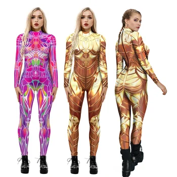 Хелоуин костюми за жени възрастни гащеризон дами секси bobysuit 3D отпечатани дрехи дълъг ръкав стегнат герой робот оказване