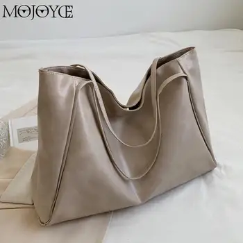 Дамска модна пазарска чанта Плътен цвят Единична чанта за рамо Голям капацитет Ретро голяма пазарска чанта Мека ежедневна чанта Чанта за пътуване