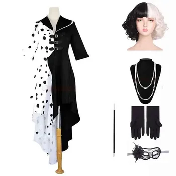 Момичета Жени Зло Мадам Круела де Вил костюм косплей рокля черно бяло прислужница рокля ръкавици перука Хелоуин парти фантазия рокля
