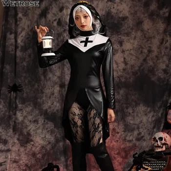 【Wetrose】Хелоуин монахиня кожа латекс косплей костюм боди кръст за жени парти карнавал
