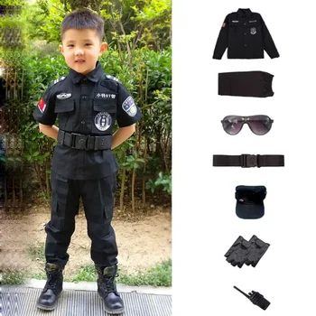 SWAT Деца Хелоуин Полицай Косплей костюми Детски карнавал Полицейска униформа 110-160см Момчета Армейски полицаи Войник 7 бр / комплекти