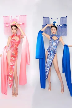 Женски костюм нов розов и син китайски стил Dragon Boat Festival откриване шоу нощен клуб секси народни танци
