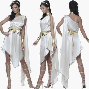 Дама карнавал Хелоуин Древногръцка богиня Атина костюм Асиметрична египетска роба Косплей фантазия парти рокля