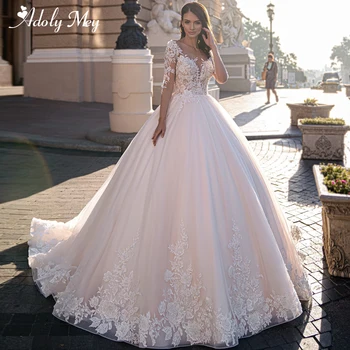 Adoly Mey елегантен лъжичка врата дълъг ръкав топка рокля сватбена рокля 2024 луксозни мъниста апликации съд влак принцеса булчински рокля