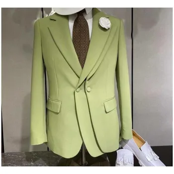 зелен суперпозиция две копчета мъже костюми младоженец сватба смокинги тънък годни абитуриентски блейзър Terno Masculino 2 парчета яке + панталон