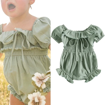 0-18M Бебе бебе момиче лято облекло момиче гащеризон плътен цвят къс ръкав къдрава гащеризон случайни Playsuit памук облекло