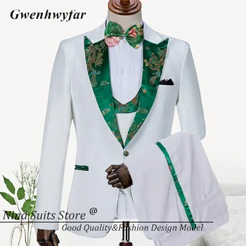 Gwenhwyfar 2023 Нов зелен ревер дракон модел бели костюми мъжки младоженец костюм Homme Terno Slim Fit младоженец костюм мъжки смокинги 3бр