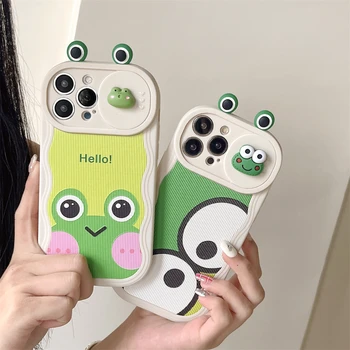 корейски сладък 3D голямо око жаба push-pull камера обектив защита случай за iphone 15 Pro Max 11 12 13 14 розово лице жаба карикатура корица